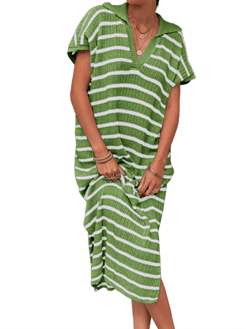 Short Sleeve V Neck Knit Collared Sexy Slit Loose Maxi Sweater Dress