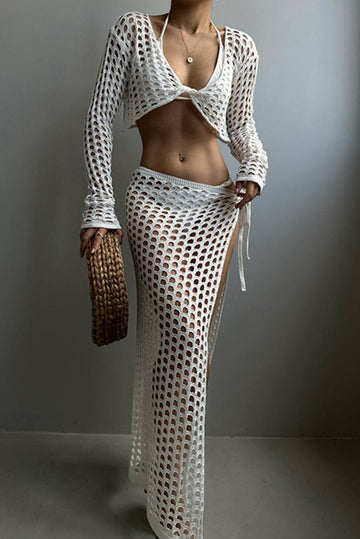 Long Sleeve Top and Lace-up Slit Knitted Cover-up Maxi Skirt Set