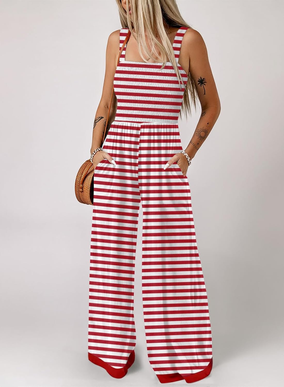 Women's Casual Square Neck Sleeveless Wide Leg Pant Jumpsuits