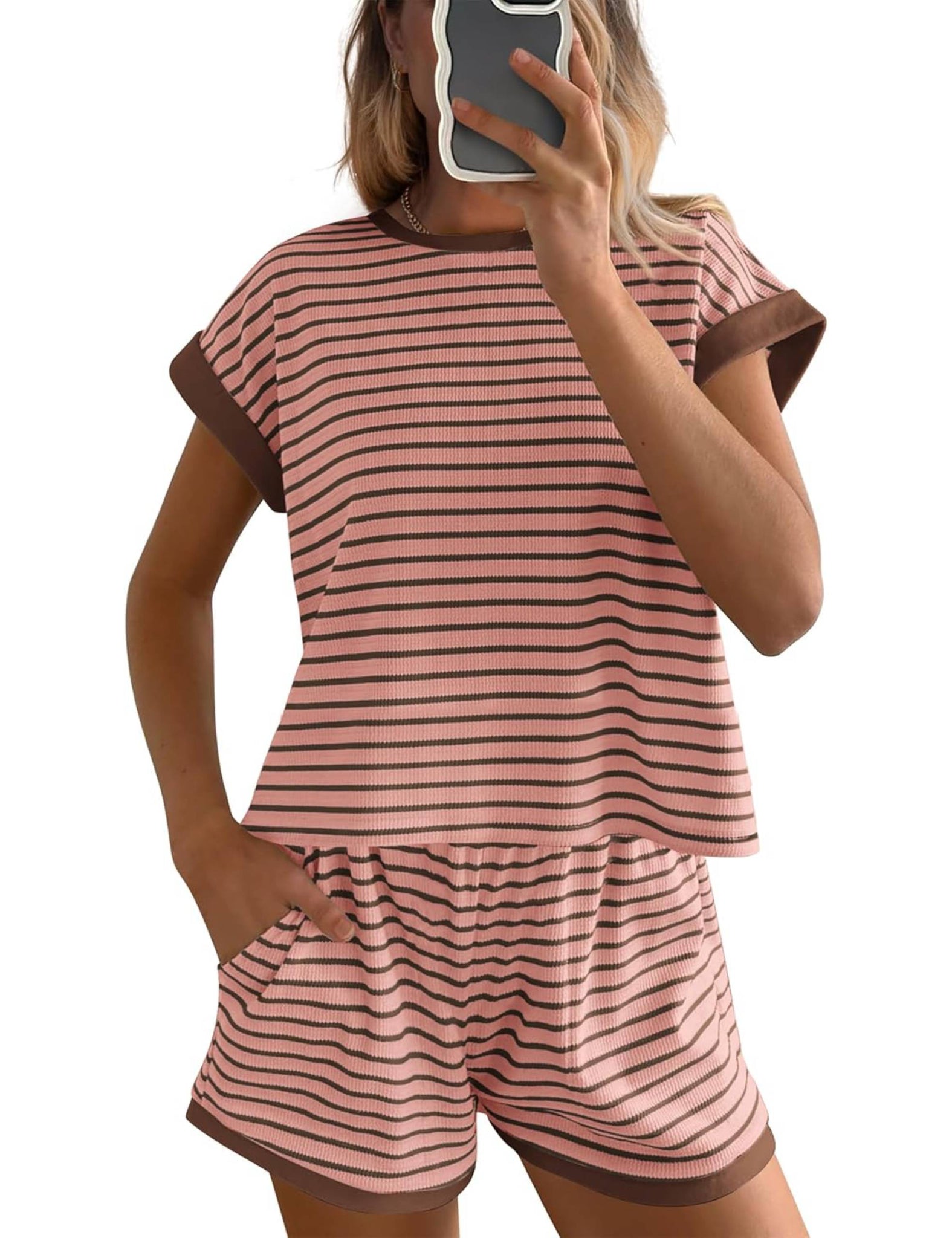 Women's Casual Striped Short Sleeve Tee & Mini Shorts 2 Piece Set