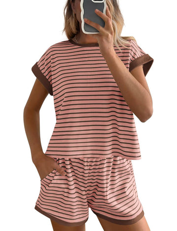 Women's Casual Striped Short Sleeve Tee & Mini Shorts 2 Piece Set