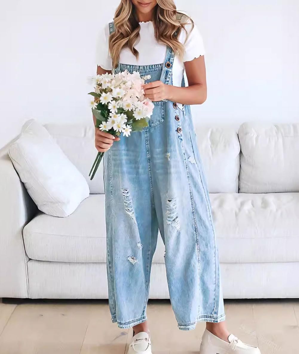 Loose Fit Adjustable Strap Distressed Denim Bib Overalls