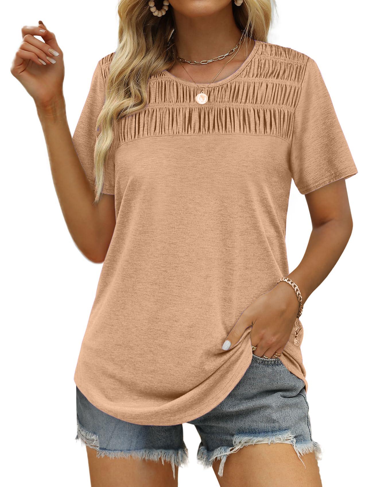 Women's Casual Pleated Crew Neck T-Shirt Solid Top