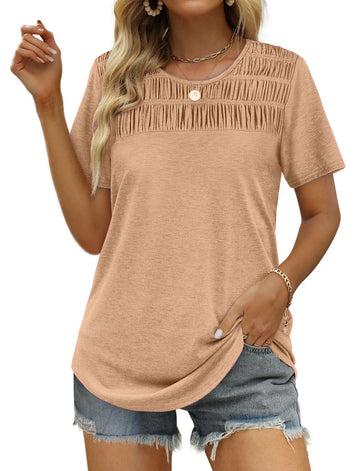 Women's Casual Pleated Crew Neck T-Shirt Solid Top