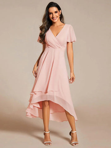 Ruffles Sleeve Pleated V-Neck A-Line Midi Dress