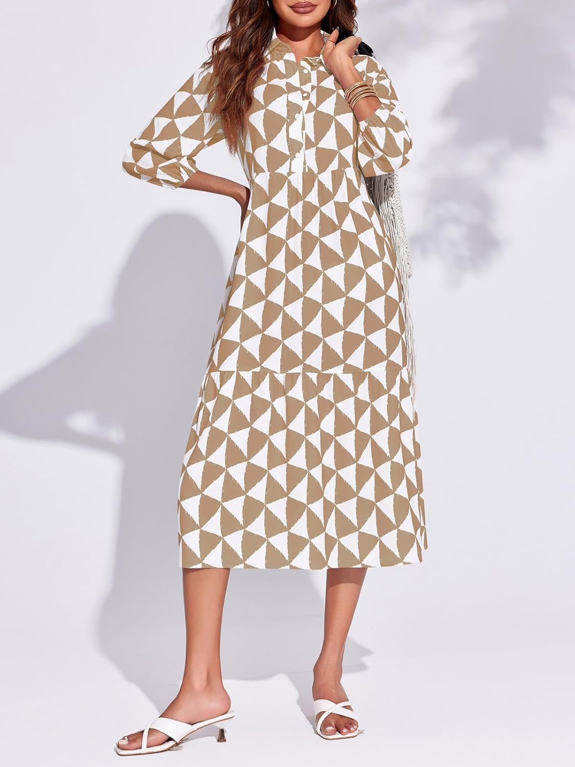 Womens Boho Midi Casual Color Block Button Down Shirt Dress