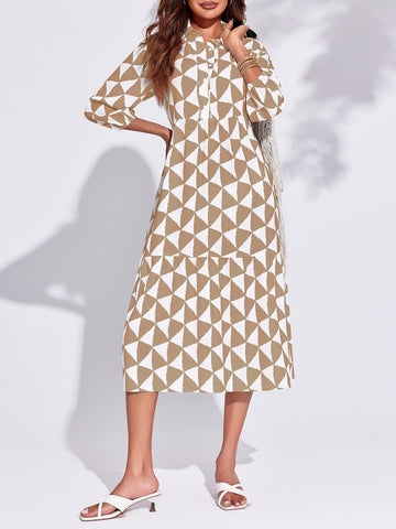 Womens Boho Midi Casual Color Block Button Down Shirt Dress