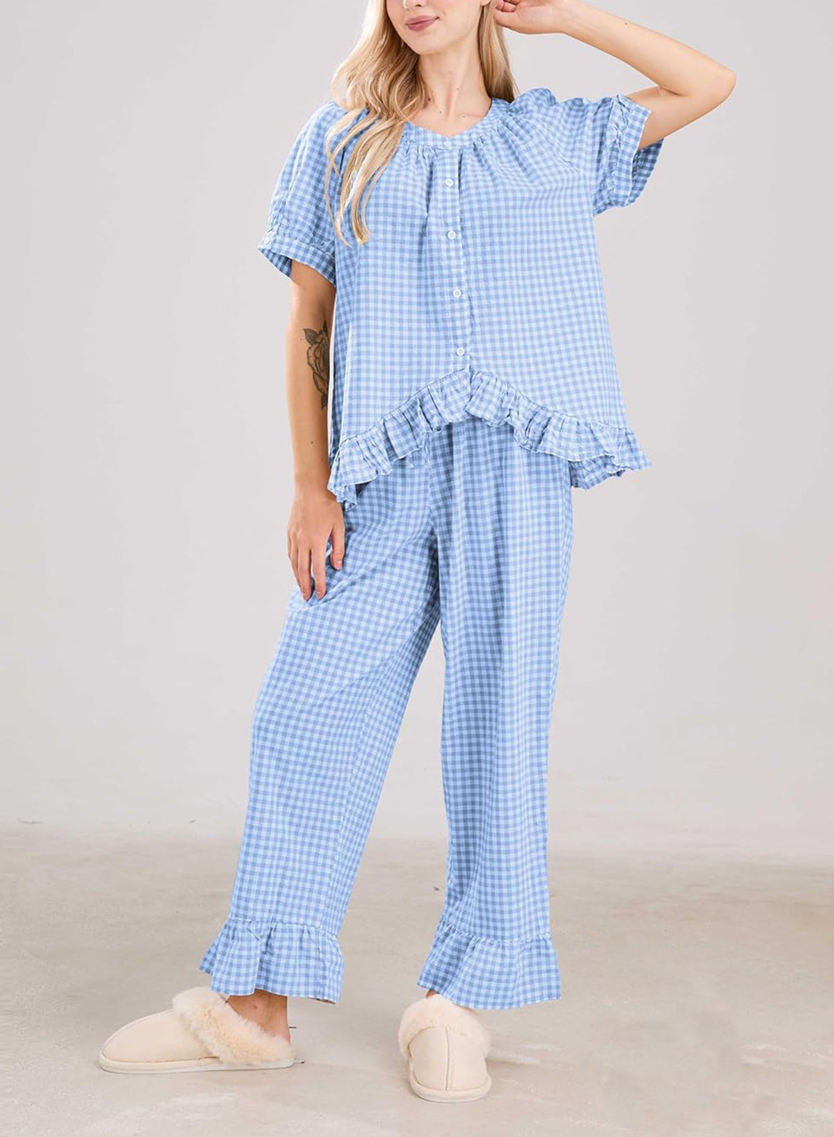 Women Plaid 2 Piece Set Pajamas Outfits Short Sleeve Ruffle Shirt Pants Sets
