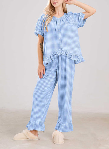 Women Plaid 2 Piece Set Pajamas Outfits Short Sleeve Ruffle Shirt Pants Sets