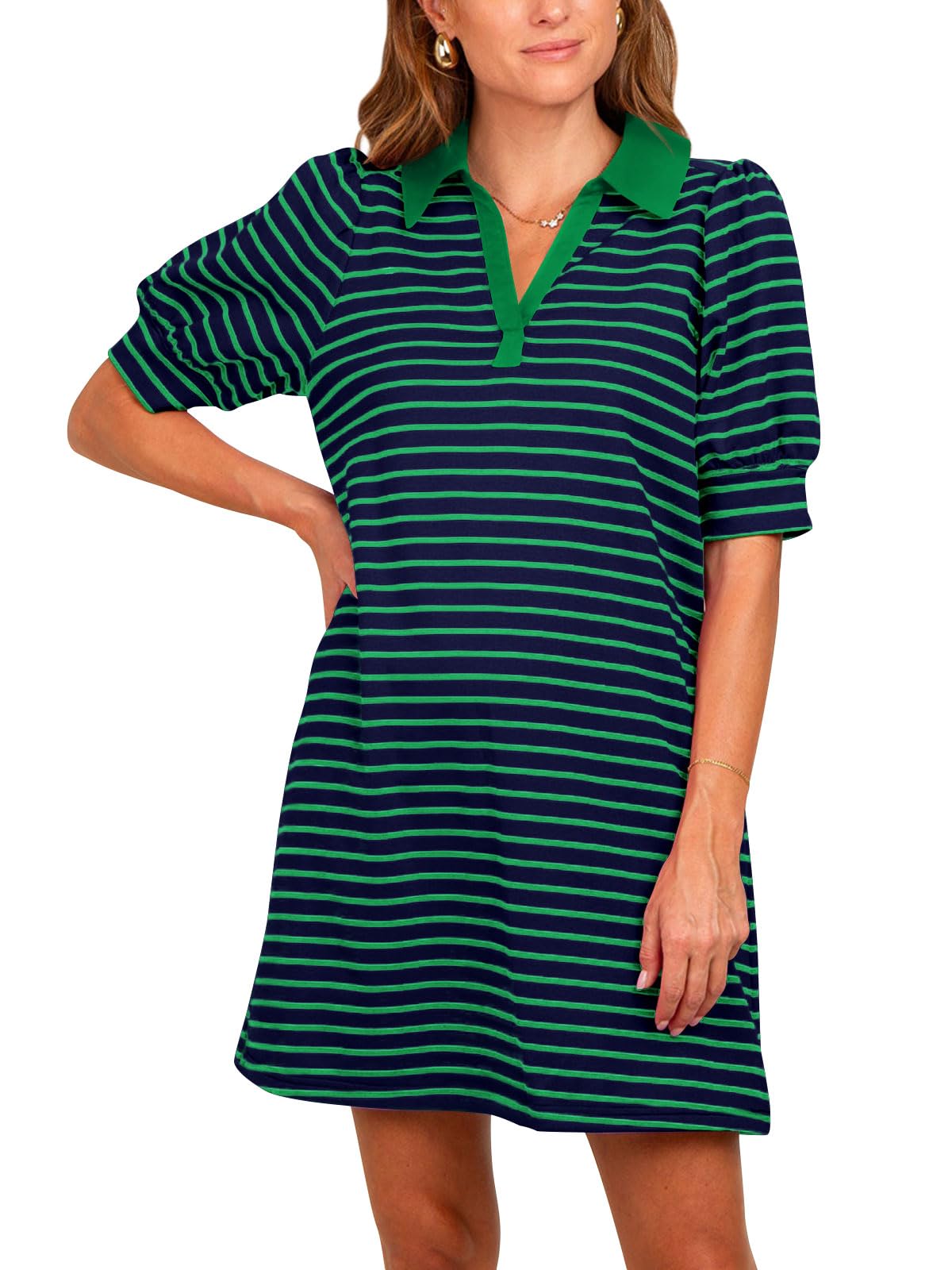 Women's Lapel Collared  Striped Dress Puff Polo Tshirt Dresses with Pockets