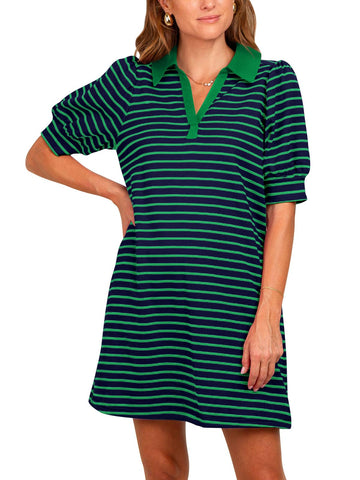 Women's Lapel Collared  Striped Dress Puff Polo Tshirt Dresses with Pockets