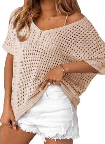 V Neck Short Sleeve Button Down Sweater Casual Crochet Hollow Out Knit Tops