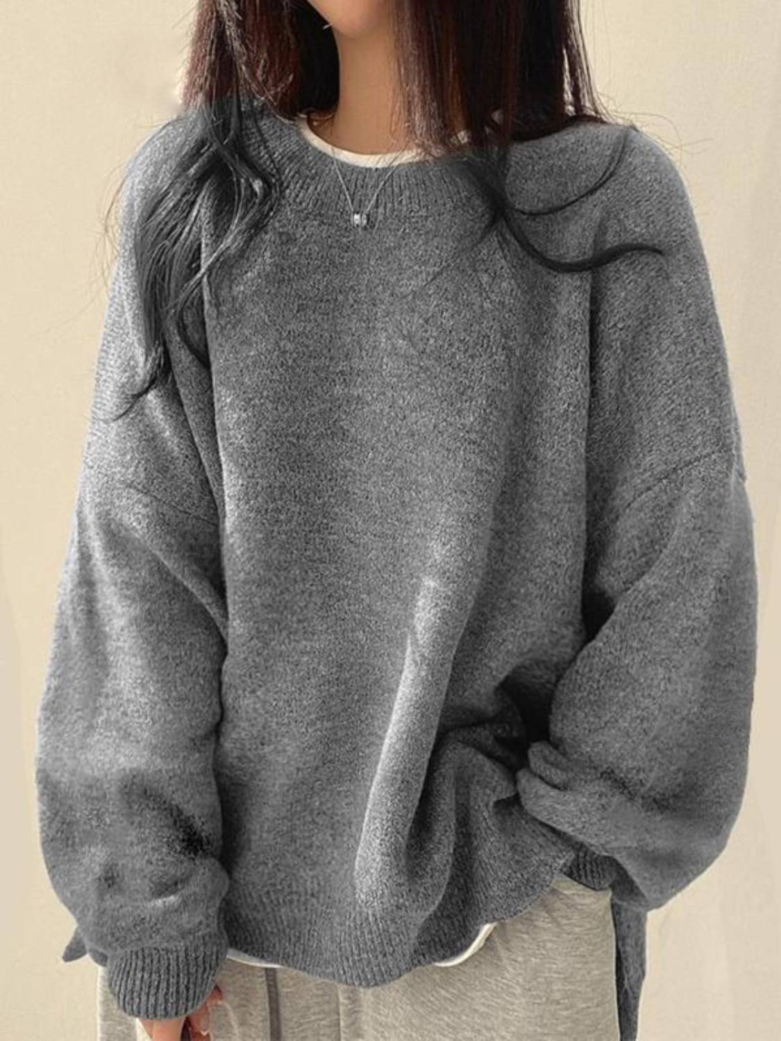 2026 Women's Round Neck Drop Shoulder Split Hem Sweater