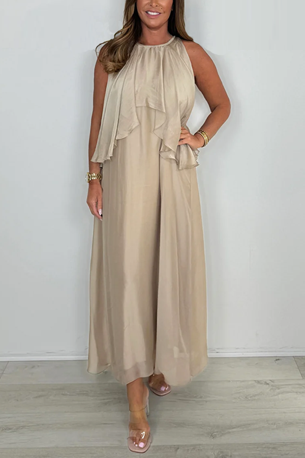 Silk Mix Sleeveless Tie Neck Waterfall Maxi Dress