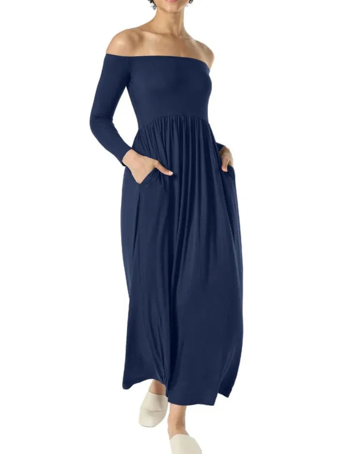 Women's Casual Long Sleeve Off Shoulder Maxi Dress with Pockets
