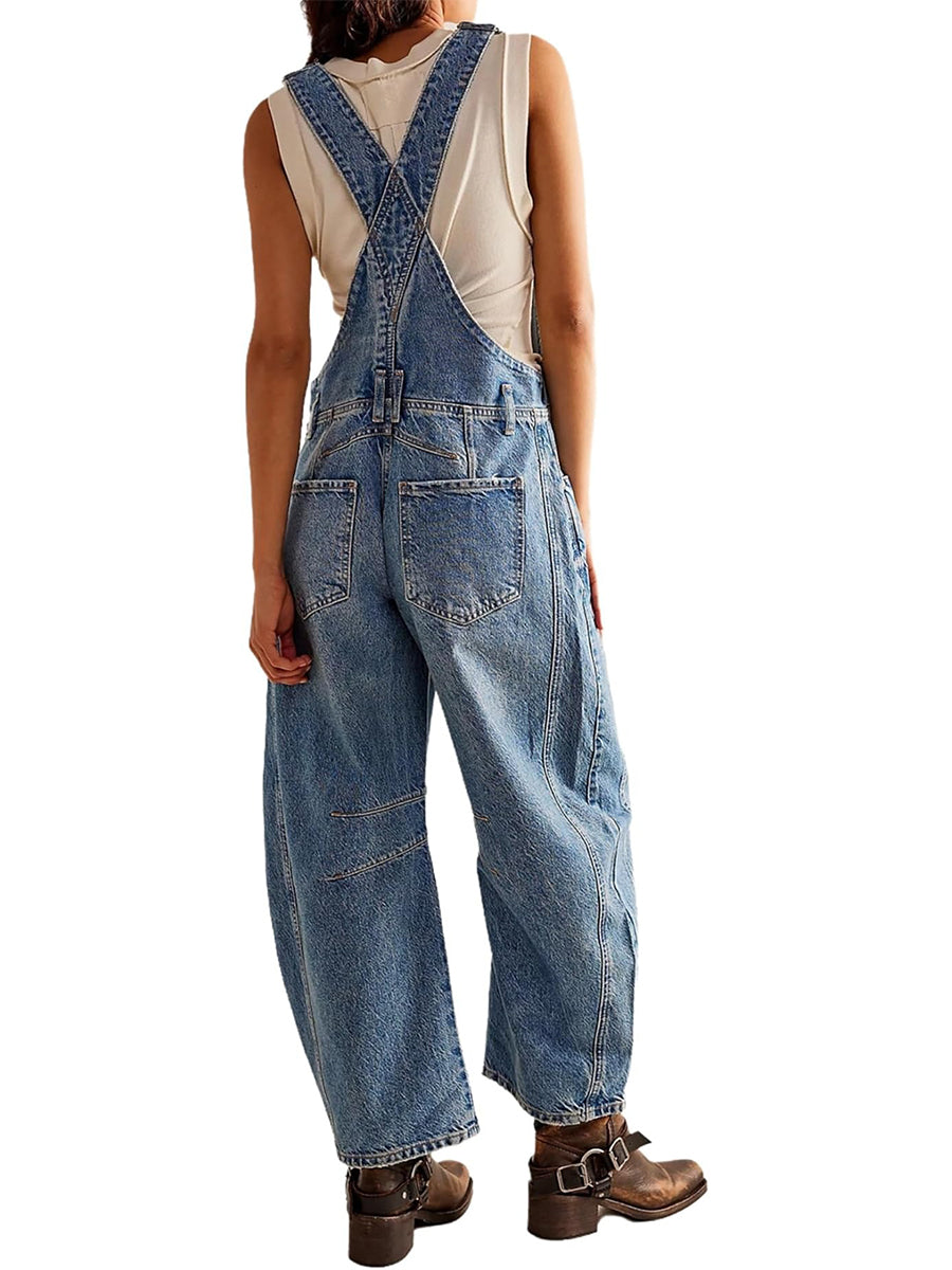 Women's Denim Bib Overalls Barrel Leg Adjustable Strap