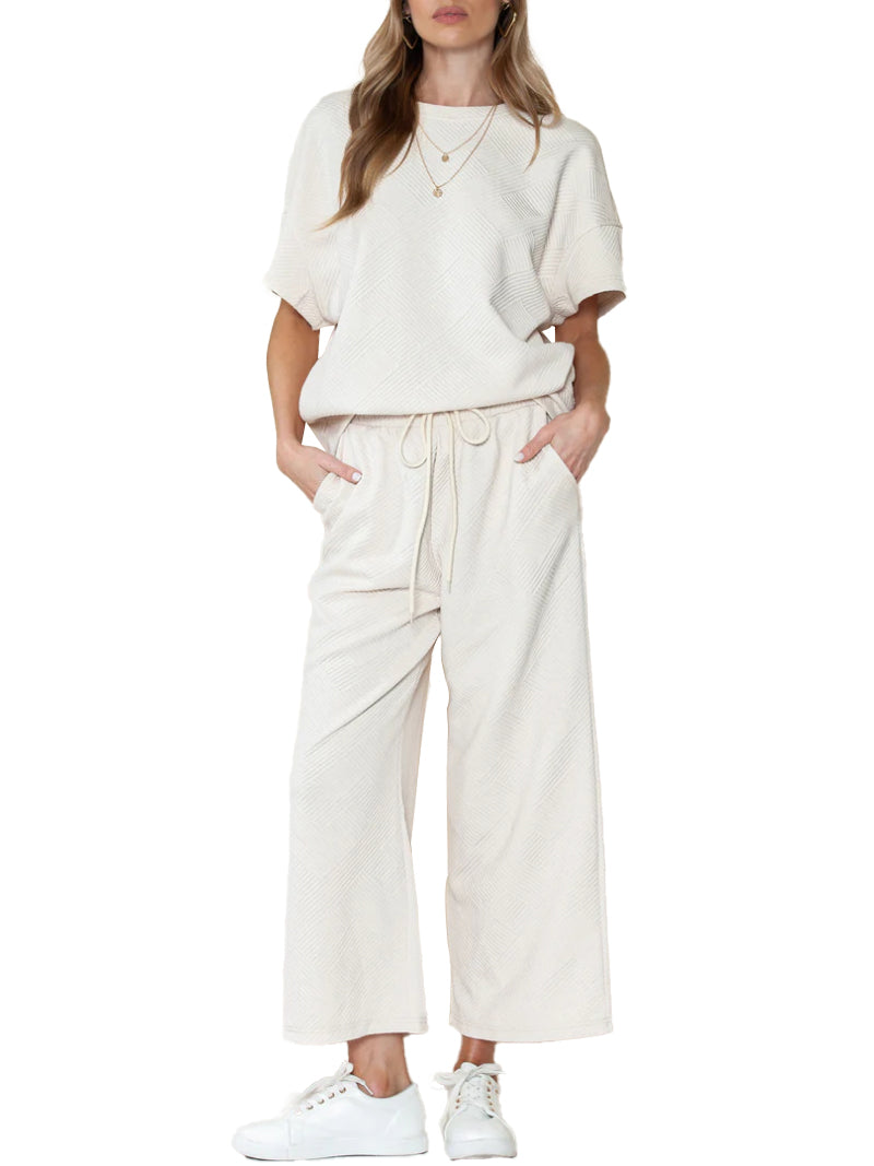 Women's Textured Loose Fit T Shirt and Drawstring Pants Casual Set