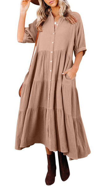 Women's Cotton Half Sleeves Midi Dress with Pockets