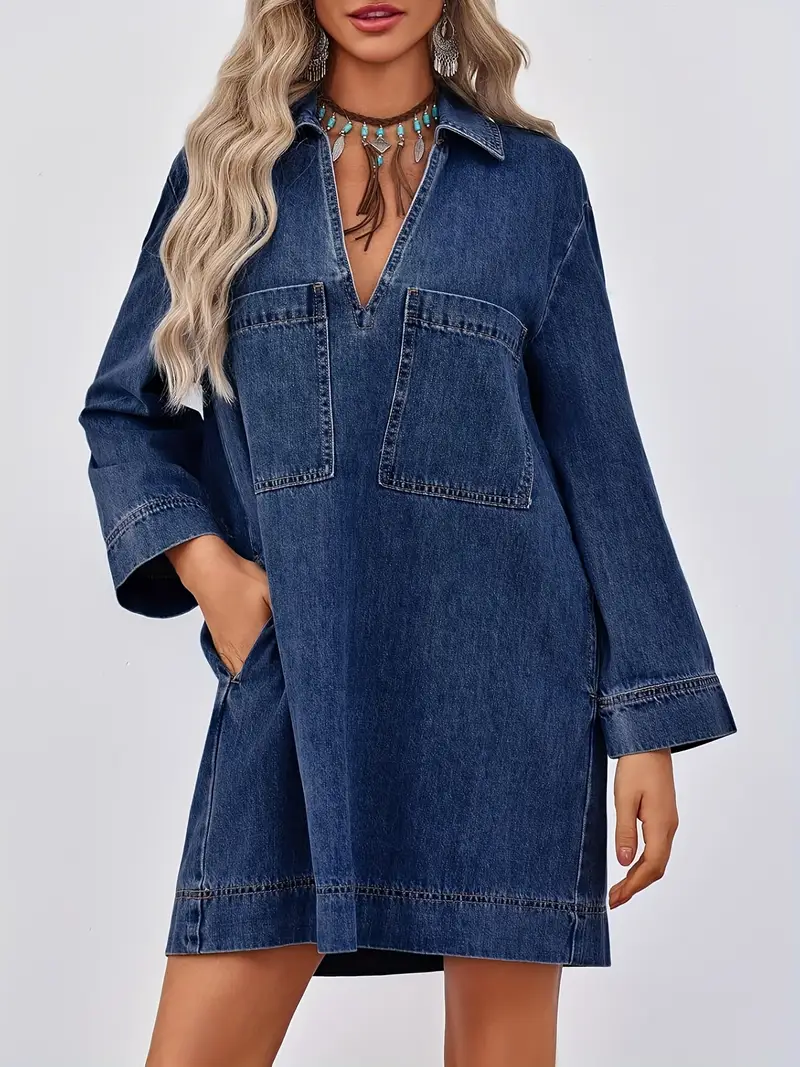 Women's  V Neck Loose Casual Denim Shirt Dress