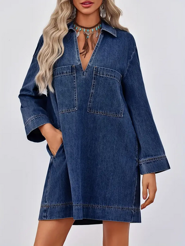 Women's  V Neck Loose Casual Denim Shirt Dress