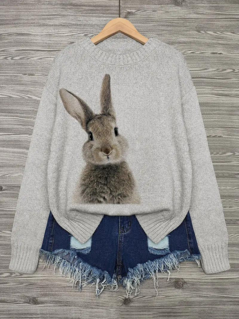 Bunny Print Casual Crewneck Sweater
