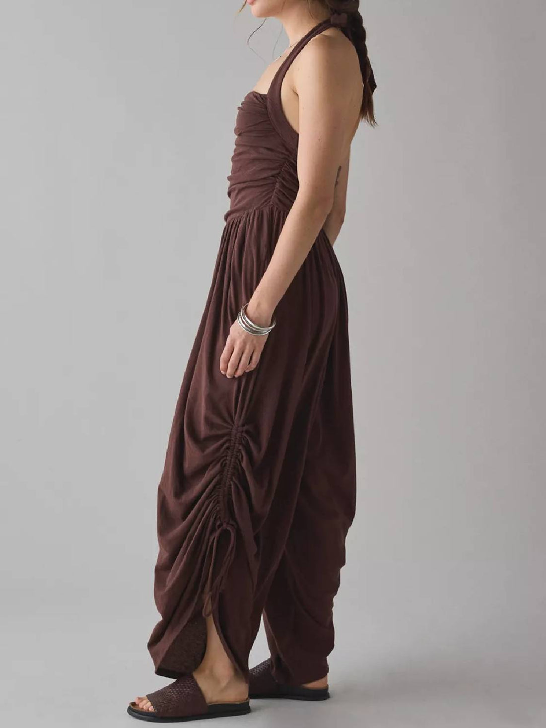 Womens Square Neckline Halter Straps Ruched Barrel Leg Jumpsuit