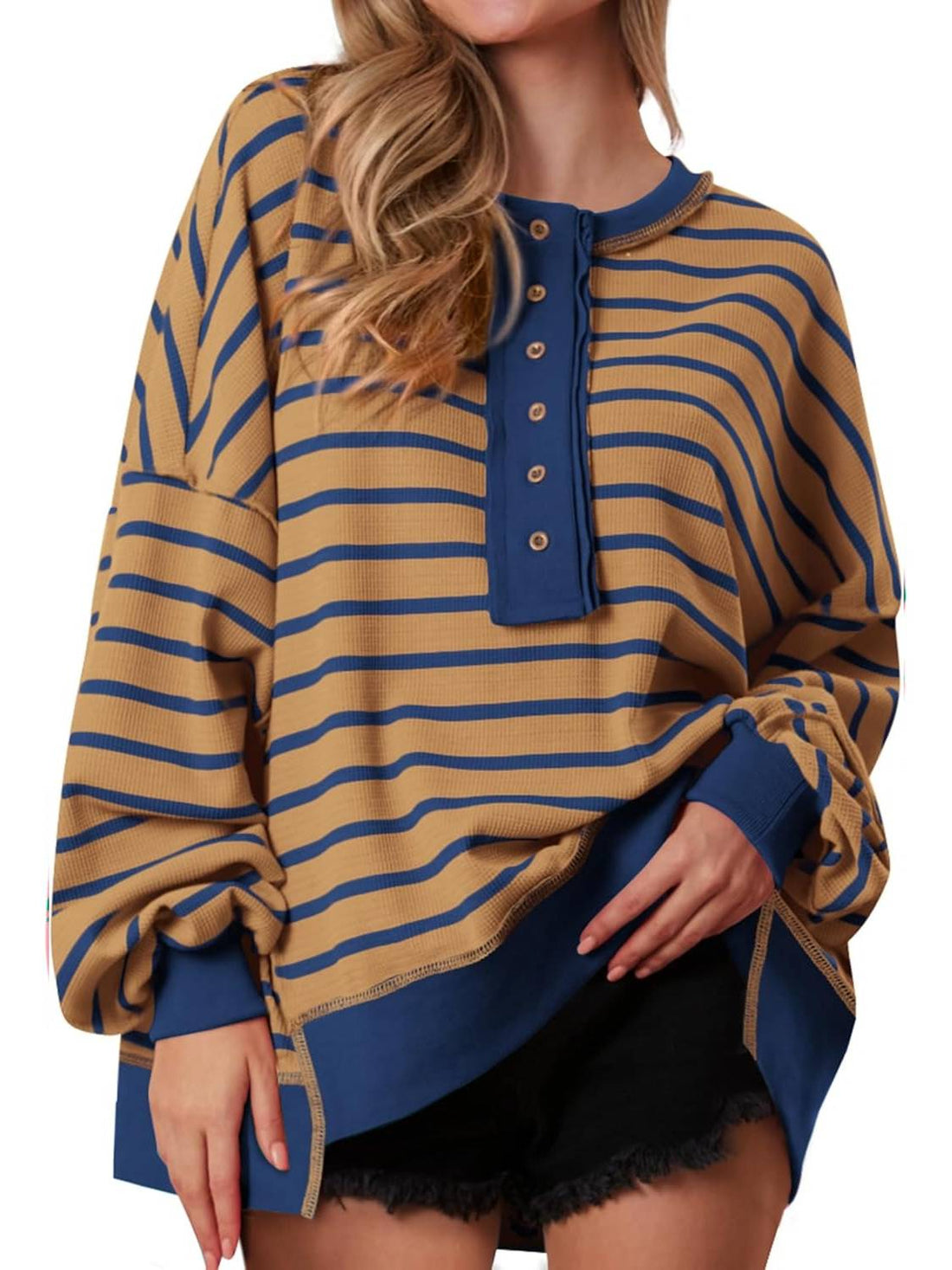 Women's Striped Oversized Button Up Henley Neck Waffle Knit Pullover