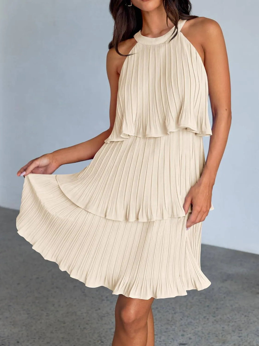 Women's Summer Halter Sleeveless Ruffle Tiered Layered Chiffon Pleated Mini Dresses