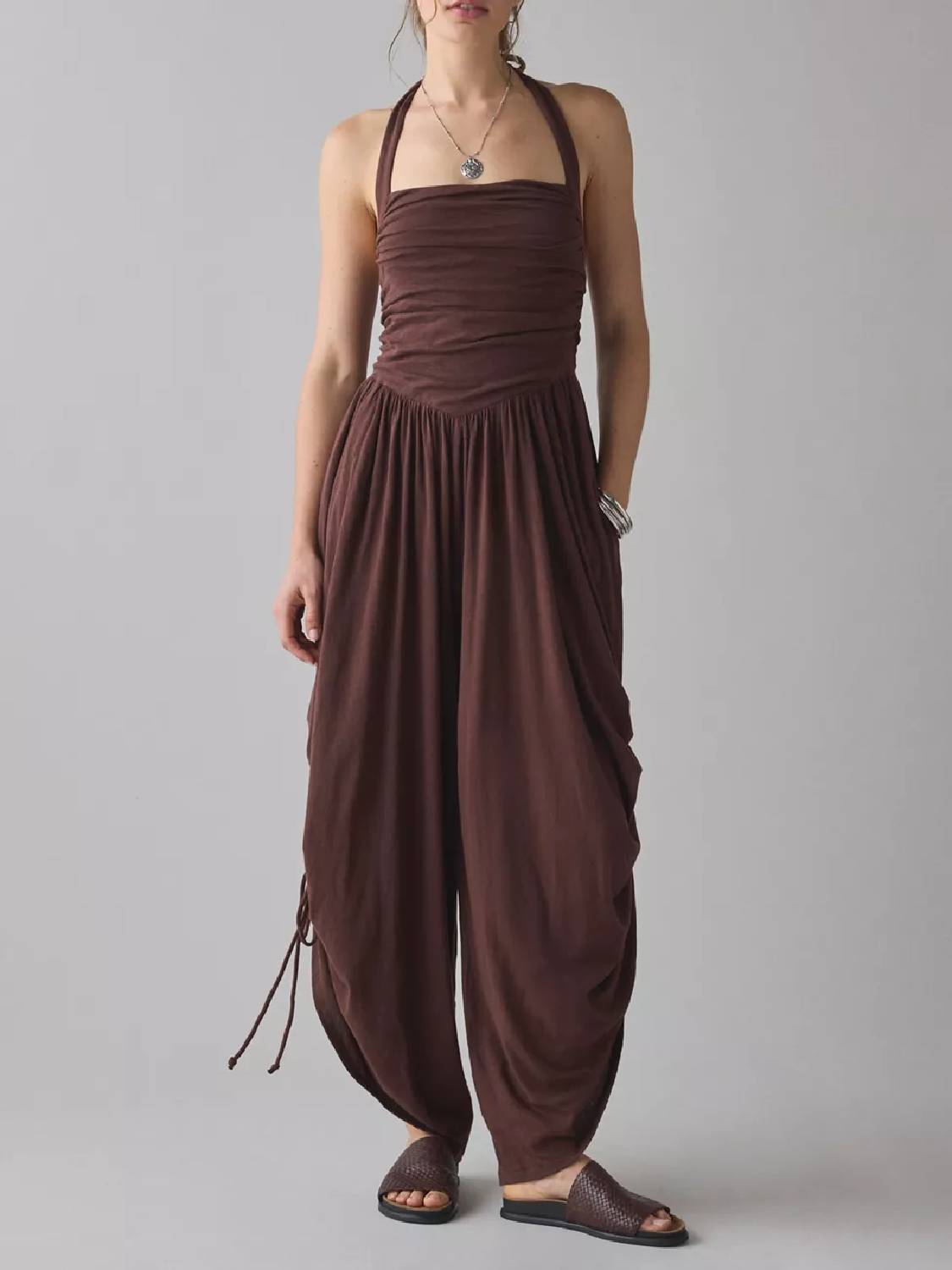 Womens Square Neckline Halter Straps Ruched Barrel Leg Jumpsuit