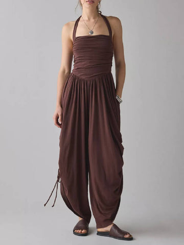 Womens Square Neckline Halter Straps Ruched Barrel Leg Jumpsuit