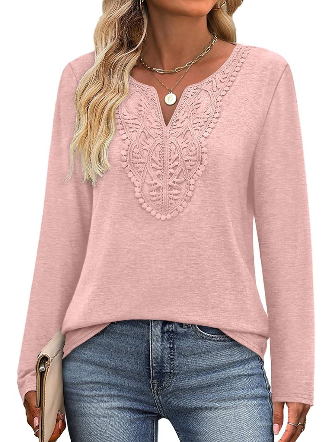Women Dressy Casual Lace V Neck Long Sleeve Shirts Blouses
