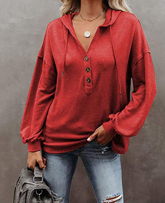 Button Casual Loose Solid Color Closure Hoodie
