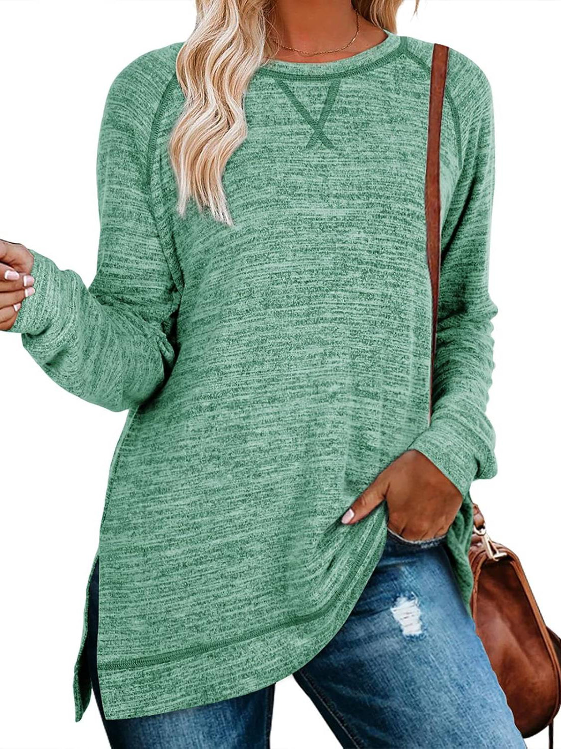 Women Fall Side slit Long Sleeve Shirts Tunic Tops