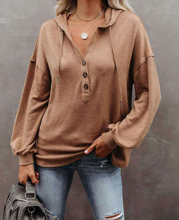 Button Casual Loose Solid Color Closure Hoodie