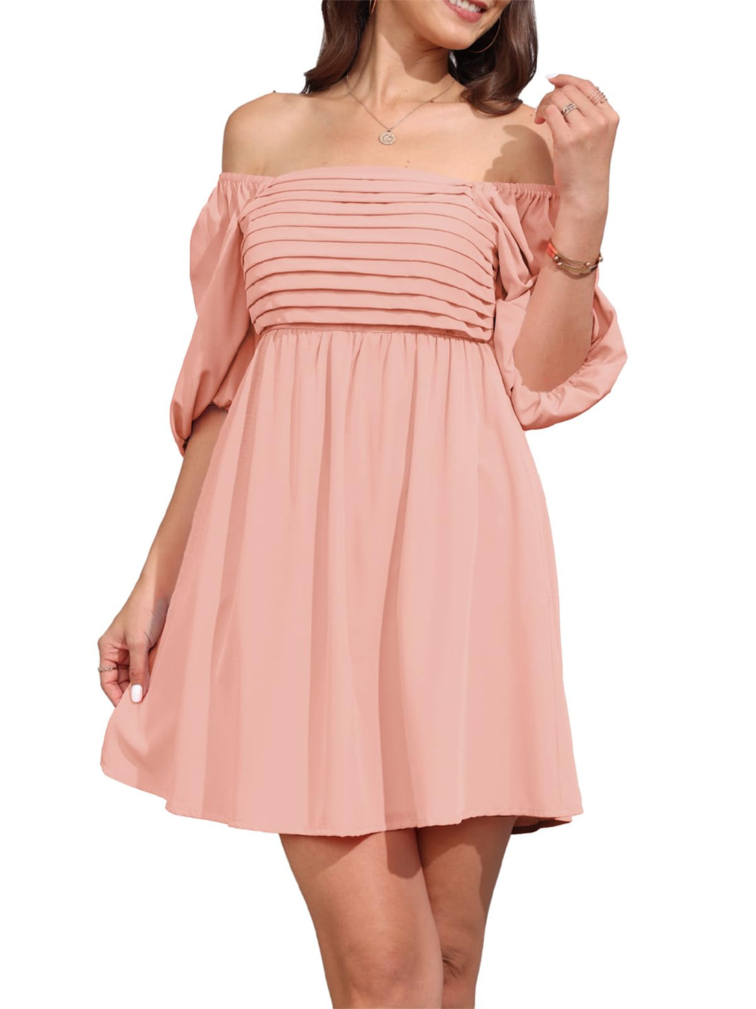 Women's Square Neck Half Puff Sleeve Casual Backless Smocked Dress