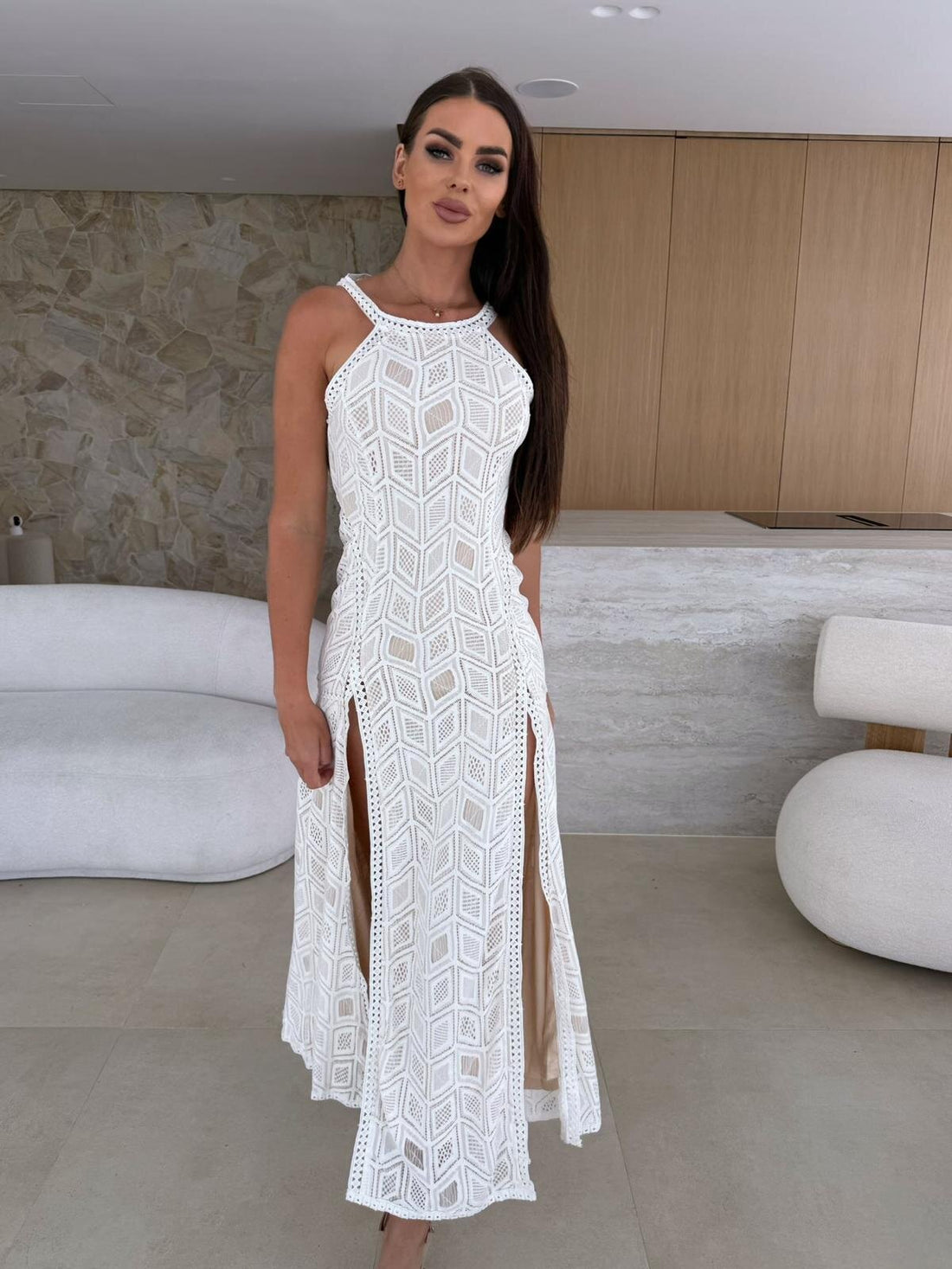 White Lace Slit Front Maxi Dress