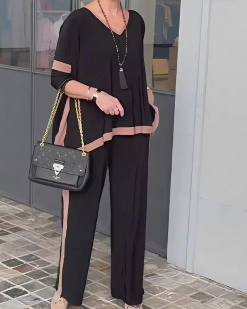 V Neck Patchwork 3/4 Sleeve Two Piece Suit