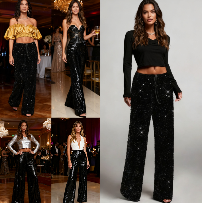 Women's Sequin Sparkle Wide Leg Pants with Elastic Waistband