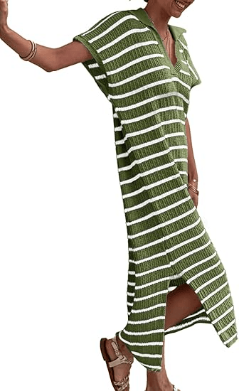 Short Sleeve V Neck Knit Collared Sexy Slit Loose Maxi Sweater Dress