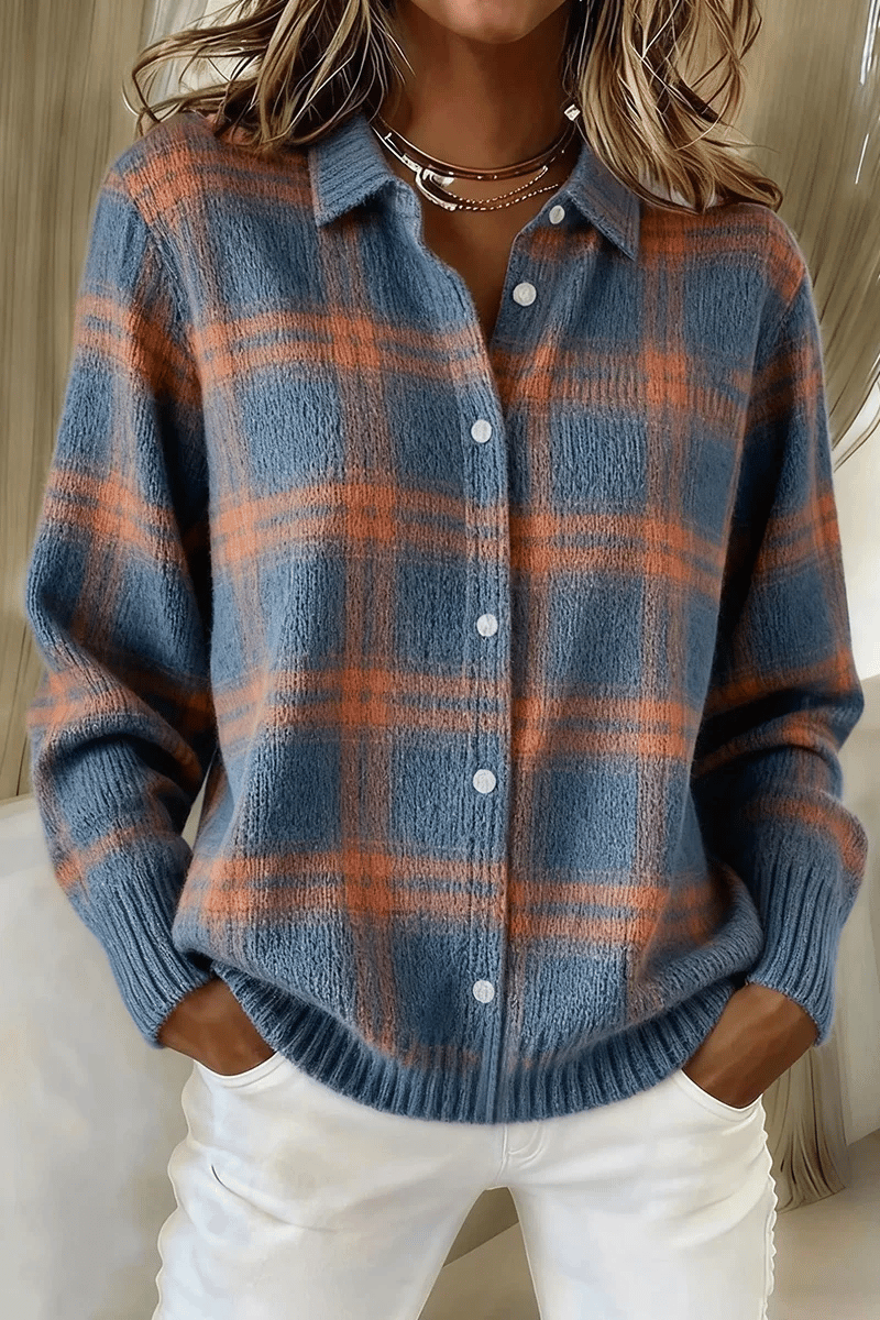 Women's Plaid Print Casual Cotton Buttoned Cardigan Sweater