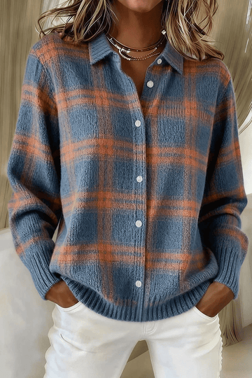 Women's Plaid Print Casual Cotton Buttoned Cardigan Sweater