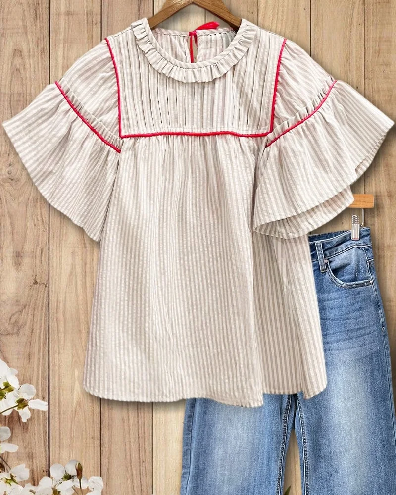 Vertical Striped Pretty Ruffled Trumpet Sleeve Blouse