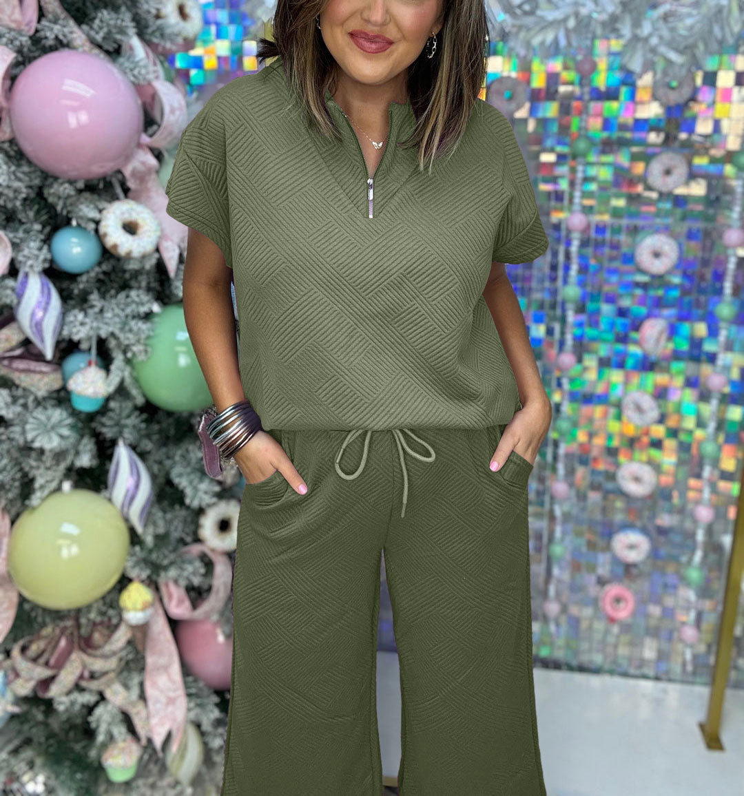 Women's Textured Loose Zip Top and Drawstring Pants Casual Set