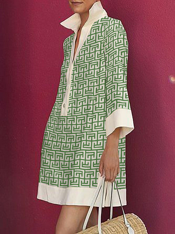 Women's Three-Quarter Sleeves Buttoned Printed Lapel Shirt Dress