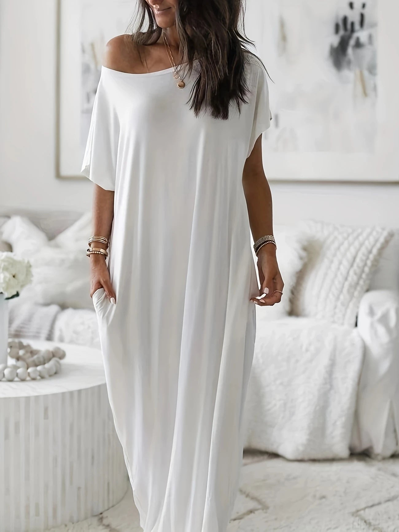 Women's Oversized Solid Slant Shoulder Pocket Dress
