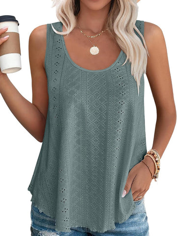 Women's Casual Loose Scoop Neck Wide Strap Eyelet Tank Tops