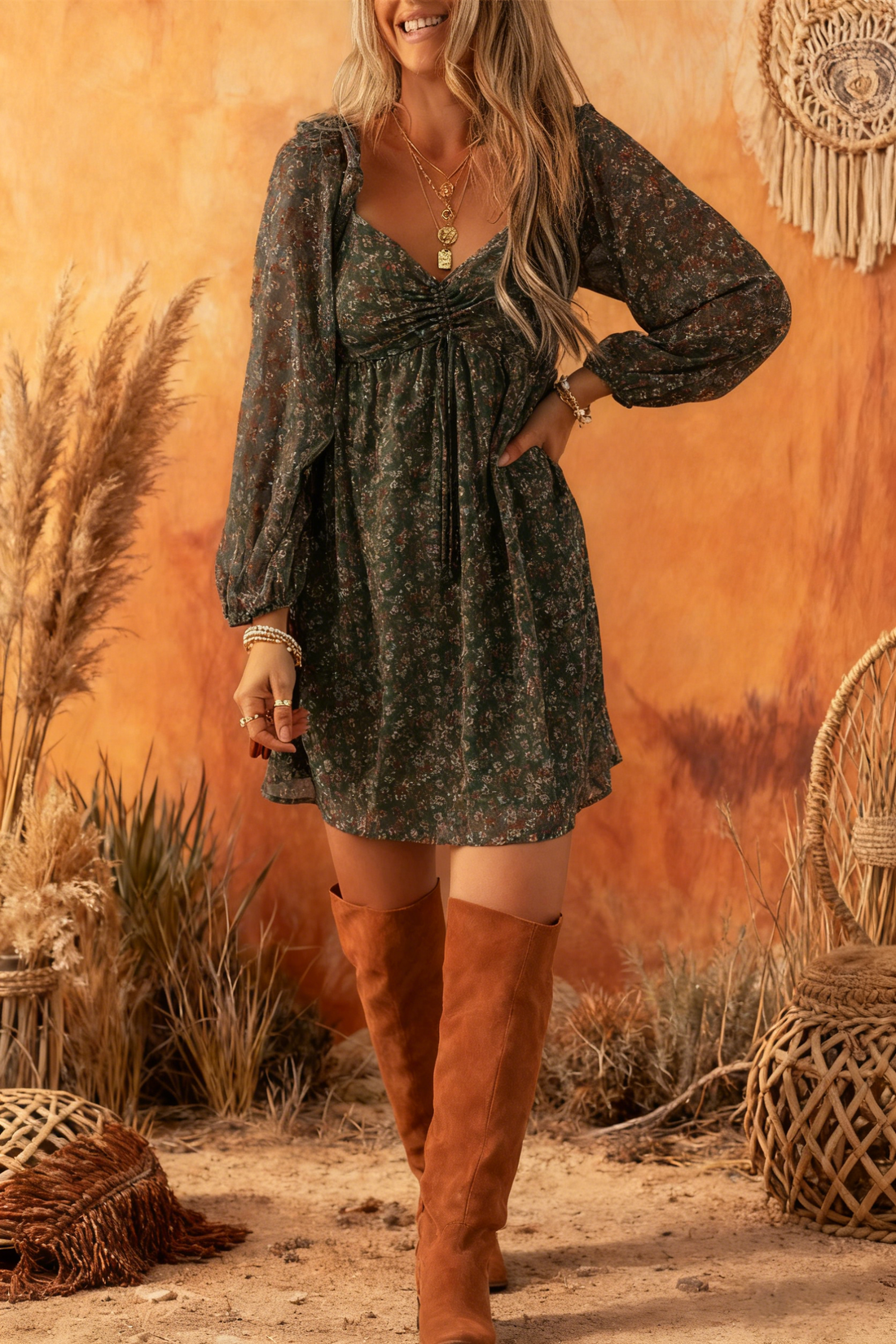 Ruched Printed Long Sleeve Mini Dress