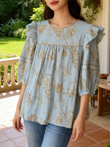 Floral Print Playful Ruffled Shoulder Babydoll T-Shirt