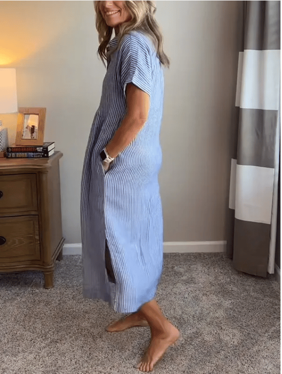 Striped Flaps At The Botton Dress With Functional Pocket