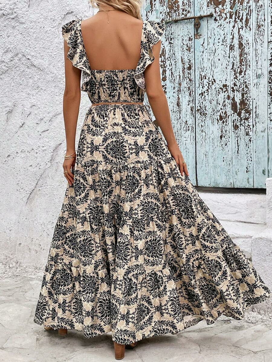 All-over Print Suspender Ruffle Trim Top & Skirt Casual Vacation Set